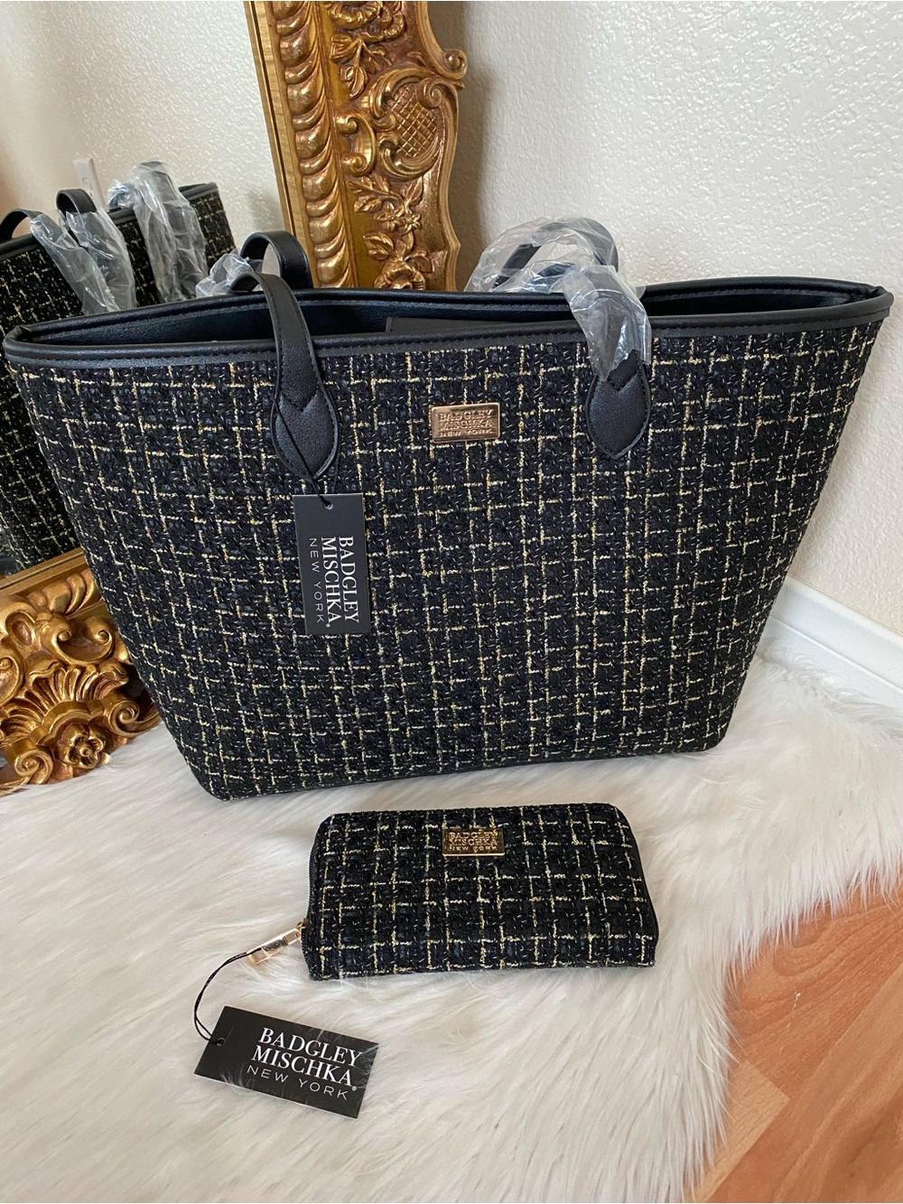 Badgley Mischka New York Tara Tweed Tote Bag with Matching Wallet